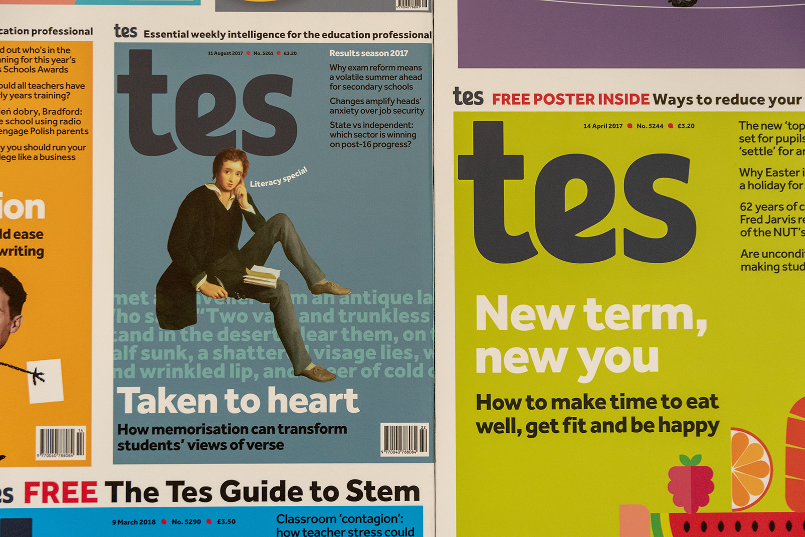 Cover pages of different editions of Tes Magazine