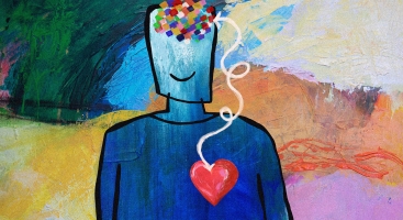 Painting of a man with brain and heart connected.