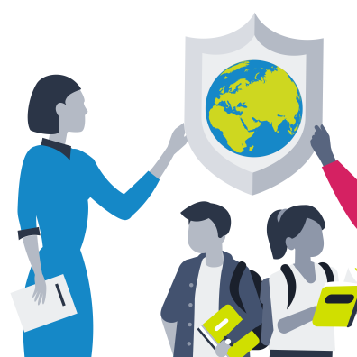 Teachers holding the earth in a safeguarding shield with their students