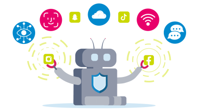 Robot surrounded by icons depicting the AI and the online world