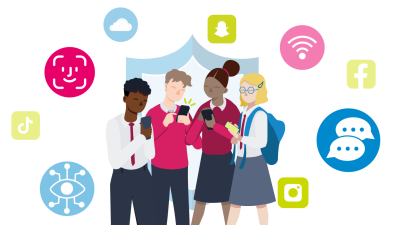 Children on mobiles surrounded by icons signifying the online world