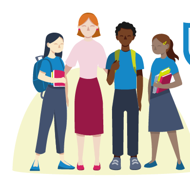 Teacher and students stood