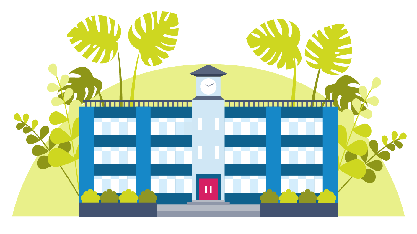 A school surrounded by trees